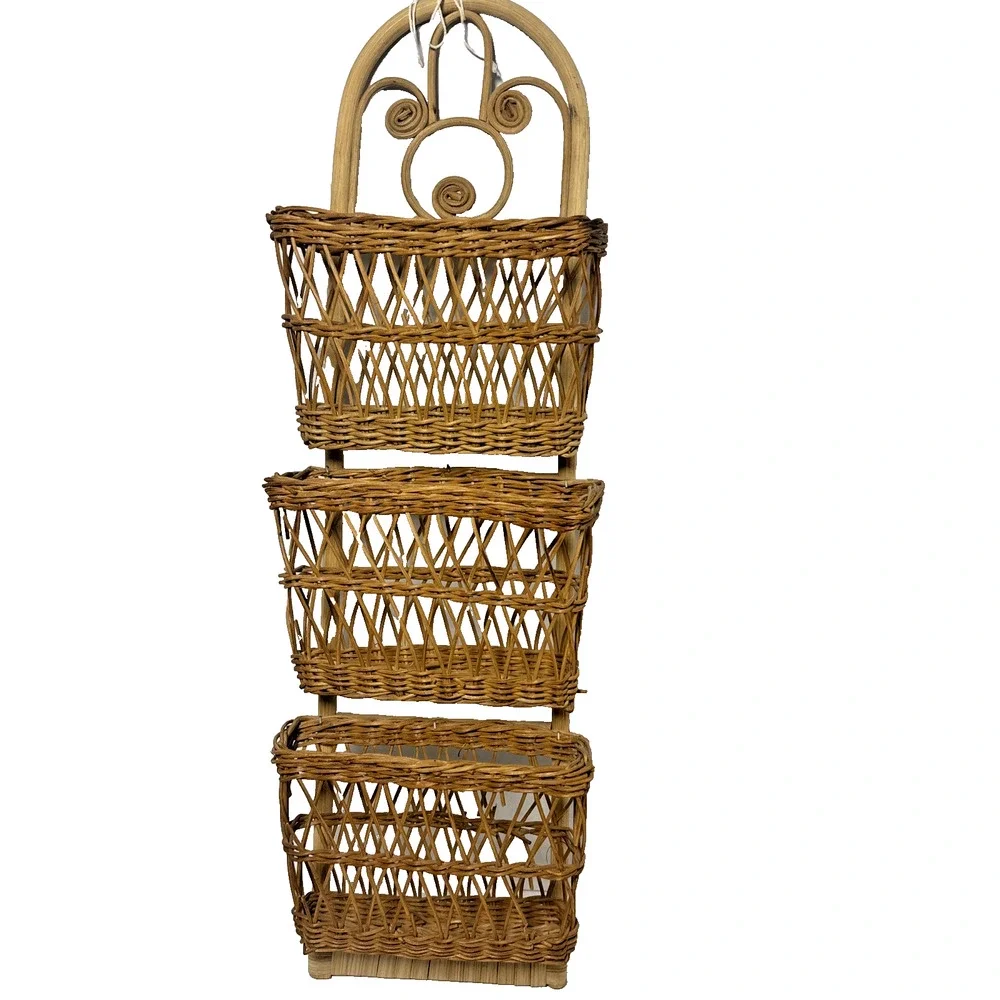 Vintage Boho Rattan Wicker Hanging Mail 3 Pocket Organizer 22